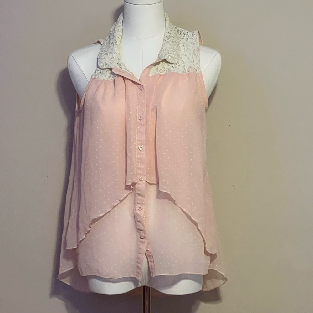 HeartSoul Polka Dot Pink Sleeveless Blouse with Lace Collar